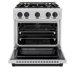 ZLINE Autograph Edition 30 in. 4.2 cu. ft. Select Dual Fuel Range with 4 Burner Gas Cooktop and Electric Convection Oven in Stainless Steel with Matte Black Accents (HDRZ-30-MB) front, oven open.