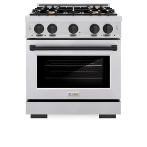 ZLINE Autograph Edition 30 in. 4.2 cu. ft. Select Dual Fuel Range with 4 Burner Gas Cooktop and Electric Convection Oven in Stainless Steel with Matte Black Accents (HDRZ-30-MB) front, oven closed.