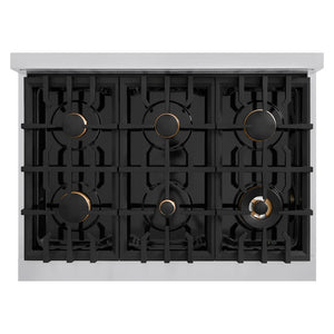 ZLINE Autograph Edition 36 in. 5.2 cu. ft. Select Dual Fuel Range with 6 Burner Gas Cooktop and Electric Convection Oven in Stainless Steel with Matte Black Accents (HDRZ-36-MB) top-down, above cooktop.