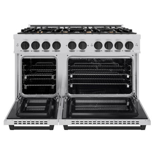 ZLINE Autograph Edition 48 in. 6.7 cu. ft. Select Double Oven Dual Fuel Range with 8 Burner Gas Cooktop in Stainless Steel and Matte Black Accents (HDRZ-48-MB) front, oven open.