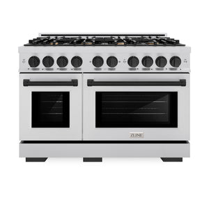 ZLINE Autograph Edition 48 in. 6.7 cu. ft. Select Double Oven Dual Fuel Range with 8 Burner Gas Cooktop in Stainless Steel and Matte Black Accents (HDRZ-48-MB) front, oven closed.