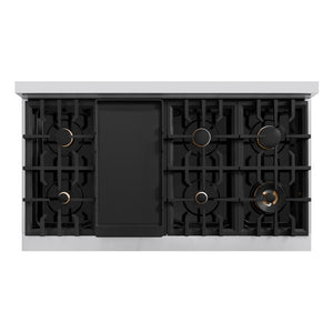 ZLINE Autograph Edition 48 in. 6.7 cu. ft. Select Double Oven Dual Fuel Range with 8 Burner Gas Cooktop in Stainless Steel and Matte Black Accents (HDRZ-48-MB) top-down, above cooktop.