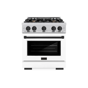 ZLINE Autograph Edition 30 in. 4.2 cu. ft. Select Dual Fuel Range with 4 Burner Gas Cooktop and Electric Convection Oven in Stainless Steel with White Matte Door and Matte Black Accents (HDRZ-WM-30-MB) front, oven closed.