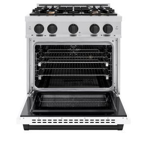 ZLINE Autograph Edition 30 in. 4.2 cu. ft. Select Dual Fuel Range with 4 Burner Gas Cooktop and Electric Convection Oven in Stainless Steel with White Matte Door and Matte Black Accents (HDRZ-WM-30-MB) front, oven open.