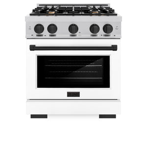 ZLINE Autograph Edition 30 in. 4.2 cu. ft. Select Dual Fuel Range with 4 Burner Gas Cooktop and Electric Convection Oven in Stainless Steel with White Matte Door and Matte Black Accents (HDRZ-WM-30-MB) front, oven closed.
