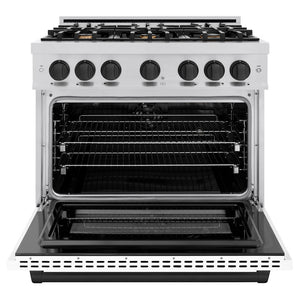 ZLINE Autograph Edition 36 in. 5.2 cu. ft. Select Dual Fuel Range with 6 Burner Gas Cooktop and Electric Convection Oven in Stainless Steel with White Matte Door and Matte Black Accents (HDRZ-WM-36-MB) front, oven open.