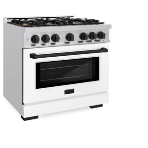 ZLINE Autograph Edition 36 in. 5.2 cu. ft. Select Dual Fuel Range with 6 Burner Gas Cooktop and Electric Convection Oven in Stainless Steel with White Matte Door and Matte Black Accents (HDRZ-WM-36-MB) side, oven closed.