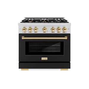 ZLINE Autograph Edition 36 in. 5.2 cu. ft. Select Dual Fuel Range with 6 Burner Gas Cooktop and Electric Convection Oven in Stainless Steel with Black Matte Door and Polished Gold Accents (HDRZ-BLM-36-G) front, oven closed.