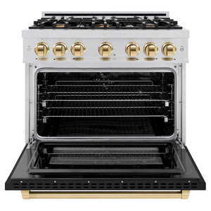 ZLINE Autograph Edition 36 in. 5.2 cu. ft. Select Dual Fuel Range with 6 Burner Gas Cooktop and Electric Convection Oven in Stainless Steel with Black Matte Door and Polished Gold Accents (HDRZ-BLM-36-G) front, oven open.