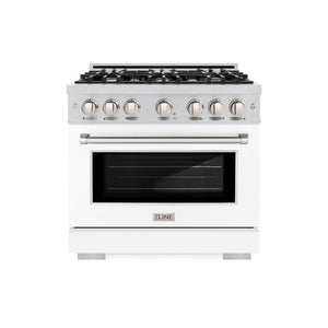 ZLINE 36 in. 5.2 cu. ft. Select Dual Fuel Range with 6 Burner Gas Cooktop and Electric Convection Oven in Stainless Steel with White Matte Door (HDR-WM-36) front, oven closed.