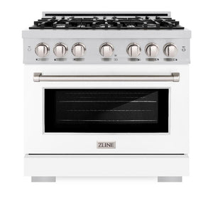 ZLINE 36 in. 5.2 cu. ft. Select Dual Fuel Range with 6 Burner Gas Cooktop and Electric Convection Oven in Stainless Steel with White Matte Door (HDR-WM-36) front, oven closed.