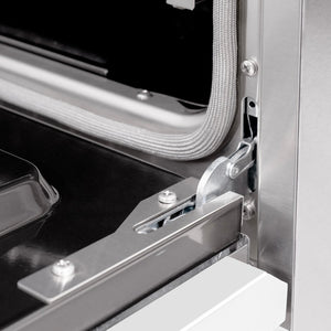 ZLINE 36 in. 5.2 cu. ft. Select Dual Fuel Range with 6 Burner Gas Cooktop and Electric Convection Oven in Stainless Steel with White Matte Door (HDR-WM-36) close-up, StayPut oven door hinge.