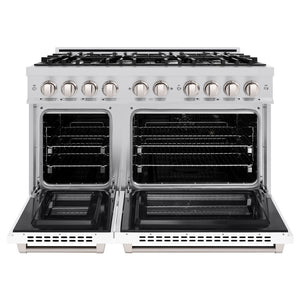 ZLINE 48 in. 6.7 cu. ft. Select Double Oven Dual Fuel Range with 8 Burner Gas Cooktop in Stainless Steel with White Matte Doors (HDR-WM-48) front, oven open.