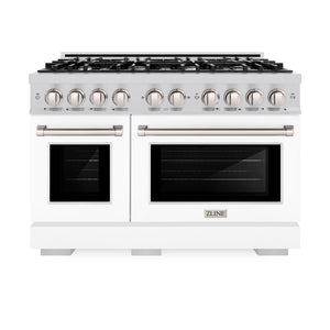 ZLINE 48 in. 6.7 cu. ft. Select Double Oven Dual Fuel Range with 8 Burner Gas Cooktop in Stainless Steel with White Matte Doors (HDR-WM-48) front, oven closed.
