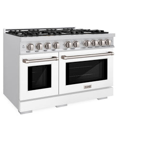 ZLINE 48 in. 6.7 cu. ft. Select Double Oven Dual Fuel Range with 8 Burner Gas Cooktop in Stainless Steel with White Matte Doors (HDR-WM-48) side, closed.