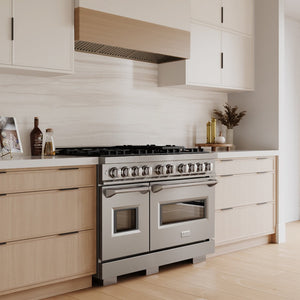 ZLINE 48 in. 6.7 cu. ft. Classic Double Oven Gas Range with 8 Burner Cooktop in Stainless Steel (CGR48) in a luxury kitchen, side.