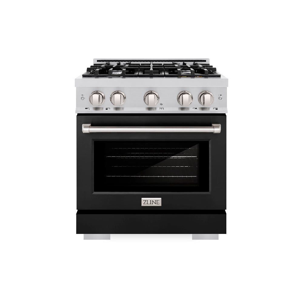ZLINE 30 in. 4.2 cu. ft. Select Gas Range with 4 Burner Cooktop and Convection Gas Oven in Stainless Steel with Black Matte Door (HGR-BLM-30) front.