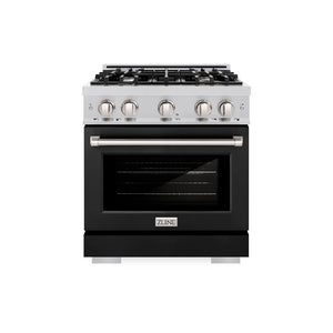 ZLINE 30 in. 4.2 cu. ft. Select Gas Range with 4 Burner Cooktop and Convection Gas Oven in Stainless Steel with Black Matte Door (HGR-BLM-30) front.