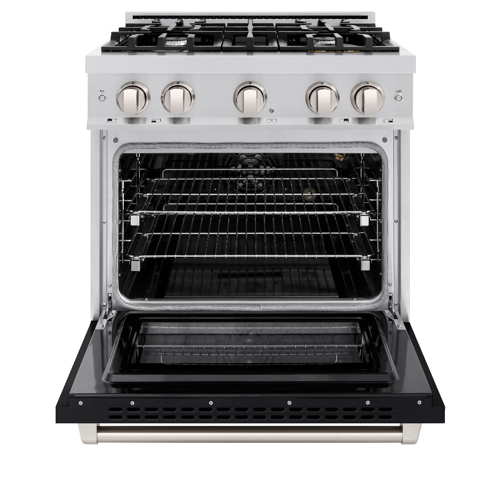 ZLINE 30 in. 4.2 cu. ft. Select Gas Range with 4 Burner Cooktop and Convection Gas Oven in Stainless Steel with Black Matte Door (HGR-BLM-30) front, oven open.