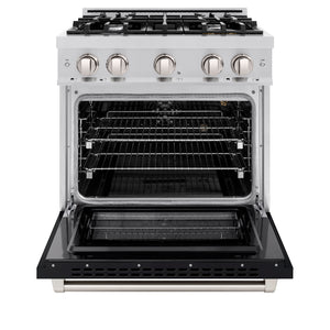 ZLINE 30 in. 4.2 cu. ft. Select Gas Range with 4 Burner Cooktop and Convection Gas Oven in Stainless Steel with Black Matte Door (HGR-BLM-30) front, oven open.