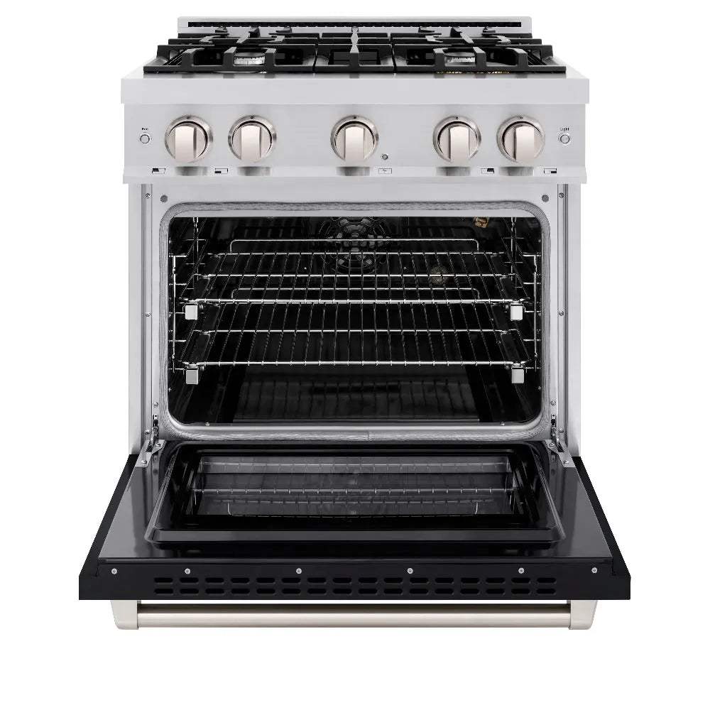 ZLINE 30 in. 4.2 cu. ft. Select Gas Range with 4 Burner Cooktop and Convection Gas Oven in Stainless Steel with Black Matte Door (HGR-BLM-30) front, oven open.