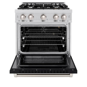 ZLINE 30 in. 4.2 cu. ft. Select Gas Range with 4 Burner Cooktop and Convection Gas Oven in Stainless Steel with Black Matte Door (HGR-BLM-30) front, oven open.