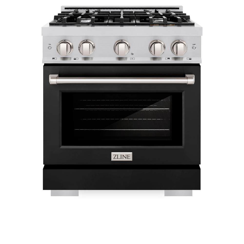 ZLINE 30 in. 4.2 cu. ft. Select Gas Range with 4 Burner Cooktop and Convection Gas Oven in Stainless Steel with Black Matte Door (HGR-BLM-30) front, oven closed.