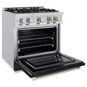 ZLINE 30 in. 4.2 cu. ft. Select Gas Range with 4 Burner Cooktop and Convection Gas Oven in Stainless Steel with Black Matte Door (HGR-BLM-30) side, open.