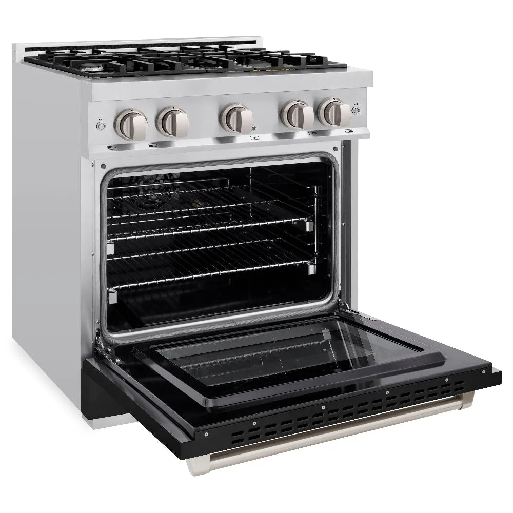ZLINE 30 in. 4.2 cu. ft. Select Gas Range with 4 Burner Cooktop and Convection Gas Oven in Stainless Steel with Black Matte Door (HGR-BLM-30) side, open.