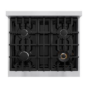 ZLINE 30 in. 4.2 cu. ft. Select Gas Range with 4 Burner Cooktop and Convection Gas Oven in Stainless Steel with Black Matte Door (HGR-BLM-30) top-down, above cooktop.