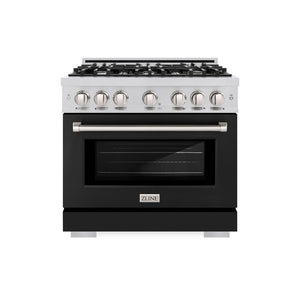 ZLINE 36 in. 5.2 cu. ft. Select Gas Range with 6 Burner Cooktop and Convection Gas Oven in Stainless Steel with Black Matte Door (HGR-BLM-36) front, oven closed.