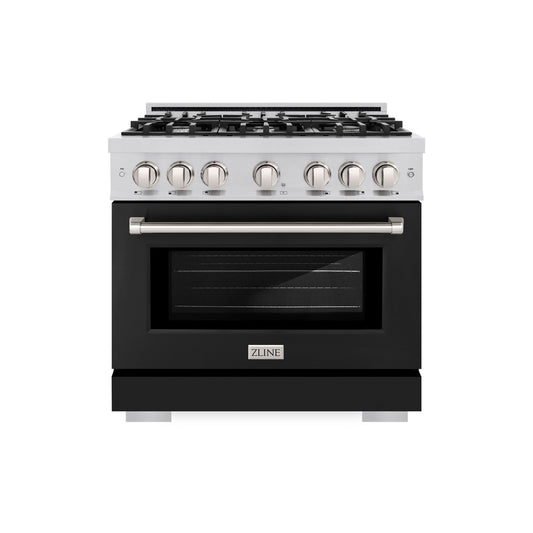 ZLINE 36 in. 5.2 cu. ft. Select Gas Range with 6 Burner Cooktop and Convection Gas Oven in Stainless Steel with Black Matte Door (HGR-BLM-36) front, oven closed.