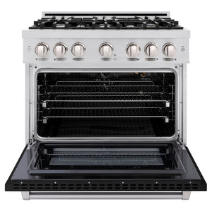 ZLINE 36 in. 5.2 cu. ft. Select Gas Range with 6 Burner Cooktop and Convection Gas Oven in Stainless Steel with Black Matte Door (HGR-BLM-36) front, oven open.