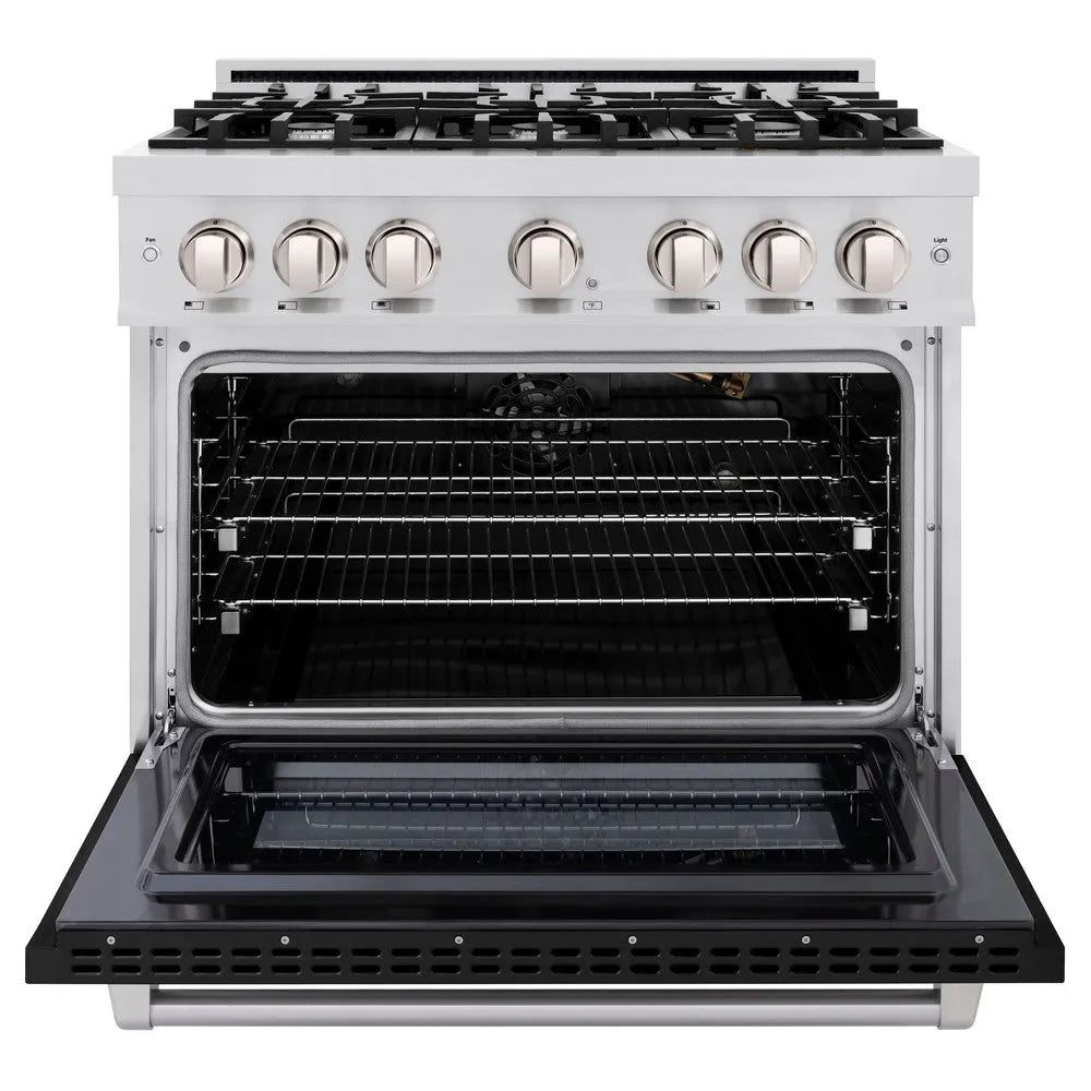 ZLINE 36 in. 5.2 cu. ft. Select Gas Range with 6 Burner Cooktop and Convection Gas Oven in Stainless Steel with Black Matte Door (HGR-BLM-36) front, oven open.