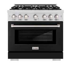 ZLINE 36 in. 5.2 cu. ft. Select Gas Range with 6 Burner Cooktop and Convection Gas Oven in Stainless Steel with Black Matte Door (HGR-BLM-36) front, oven closed.