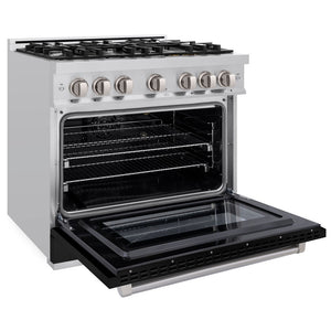 ZLINE 36 in. 5.2 cu. ft. Select Gas Range with 6 Burner Cooktop and Convection Gas Oven in Stainless Steel with Black Matte Door (HGR-BLM-36) side, oven open.