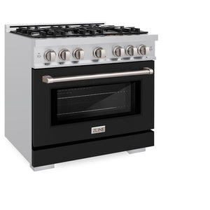ZLINE 36 in. 5.2 cu. ft. Select Gas Range with 6 Burner Cooktop and Convection Gas Oven in Stainless Steel with Black Matte Door (HGR-BLM-36) side, closed.