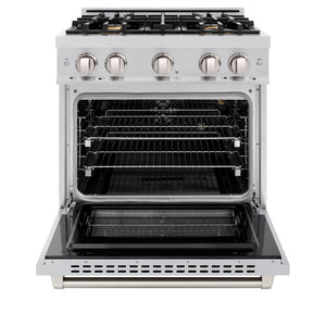 ZLINE 30 in. 4.2 cu. ft. Select Gas Range with Convection Gas Oven in Stainless Steel with 4 Brass Burners (HGR-BR-30) front, oven open.