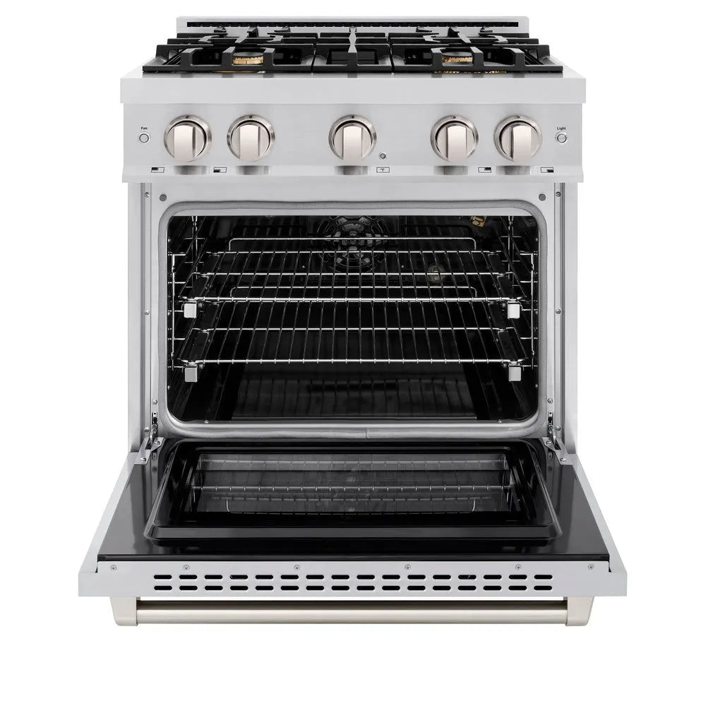 ZLINE 30 in. 4.2 cu. ft. Select Gas Range with Convection Gas Oven in Stainless Steel with 4 Brass Burners (HGR-BR-30) front, oven open.