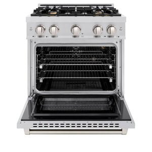 ZLINE 30 in. 4.2 cu. ft. Select Gas Range with Convection Gas Oven in Stainless Steel with 4 Brass Burners (HGR-BR-30) front, oven open.