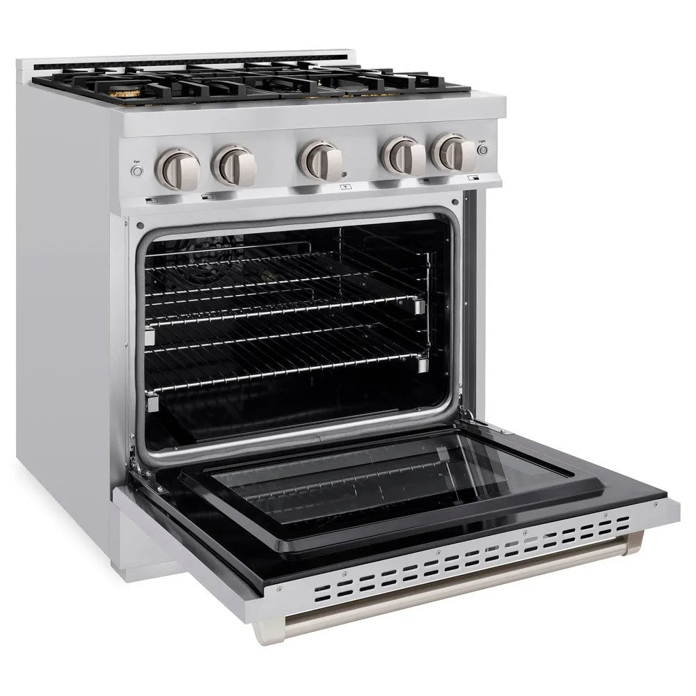 ZLINE 30 in. 4.2 cu. ft. Select Gas Range with Convection Gas Oven in Stainless Steel with 4 Brass Burners (HGR-BR-30) side, oven open.