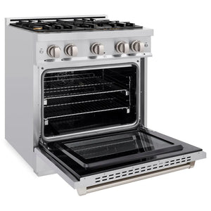 ZLINE 30 in. 4.2 cu. ft. Select Gas Range with Convection Gas Oven in Stainless Steel with 4 Brass Burners (HGR-BR-30) side, oven open.