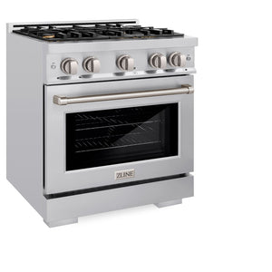 ZLINE 30 in. 4.2 cu. ft. Select Gas Range with Convection Gas Oven in Stainless Steel with 4 Brass Burners (HGR-BR-30) side, closed.