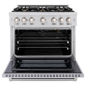 ZLINE 36 in. 5.2 cu. ft. Select Gas Range with Convection Gas Oven in Stainless Steel with 6 Brass Burners (HGR-BR-36) front, oven open.