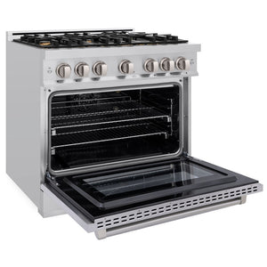 ZLINE 36 in. 5.2 cu. ft. Select Gas Range with Convection Gas Oven in Stainless Steel with 6 Brass Burners (HGR-BR-36) side, oven open.