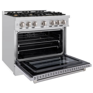 ZLINE 36 in. 5.2 cu. ft. Select Gas Range with Convection Gas Oven in Stainless Steel with 6 Brass Burners (HGR-BR-36) side, oven open.