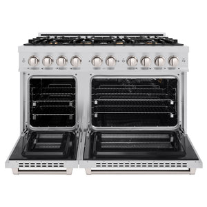 ZLINE 48 in. 6.7 cu. ft. Select Double Oven Gas Range in Stainless Steel with 8 Brass Burners (HGR-BR-48) front, oven open.