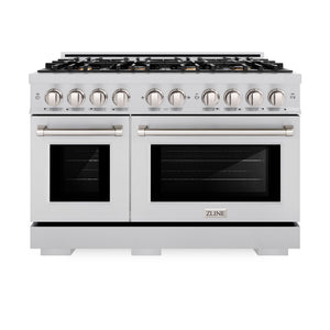 ZLINE 48 in. 6.7 cu. ft. Select Double Oven Gas Range in Stainless Steel with 8 Brass Burners (HGR-BR-48) front, oven closed.