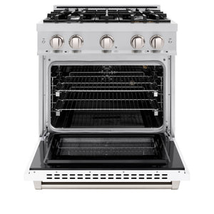 ZLINE 30 in. 4.2 cu. ft. Select Gas Range with 4 Burner Cooktop and Convection Gas Oven in Stainless Steel with White Matte Door (HGR-WM-30) front, oven open.