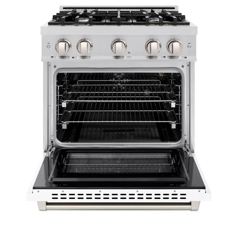 ZLINE 30 in. 4.2 cu. ft. Select Gas Range with 4 Burner Cooktop and Convection Gas Oven in Stainless Steel with White Matte Door (HGR-WM-30) front, oven open.